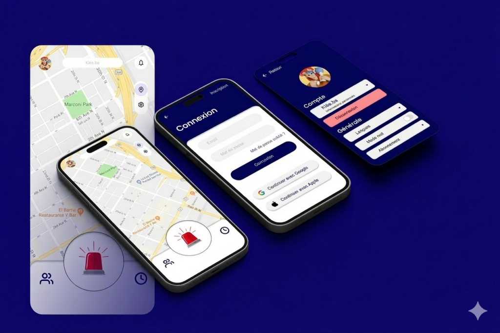 Application de sécurité personnelle StaySafe avec bouton SOS, page de modification du profil, et la page de connexion