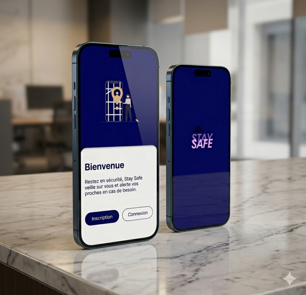 Application de sécurité personnelle StaySafe avec page inscription et splash page